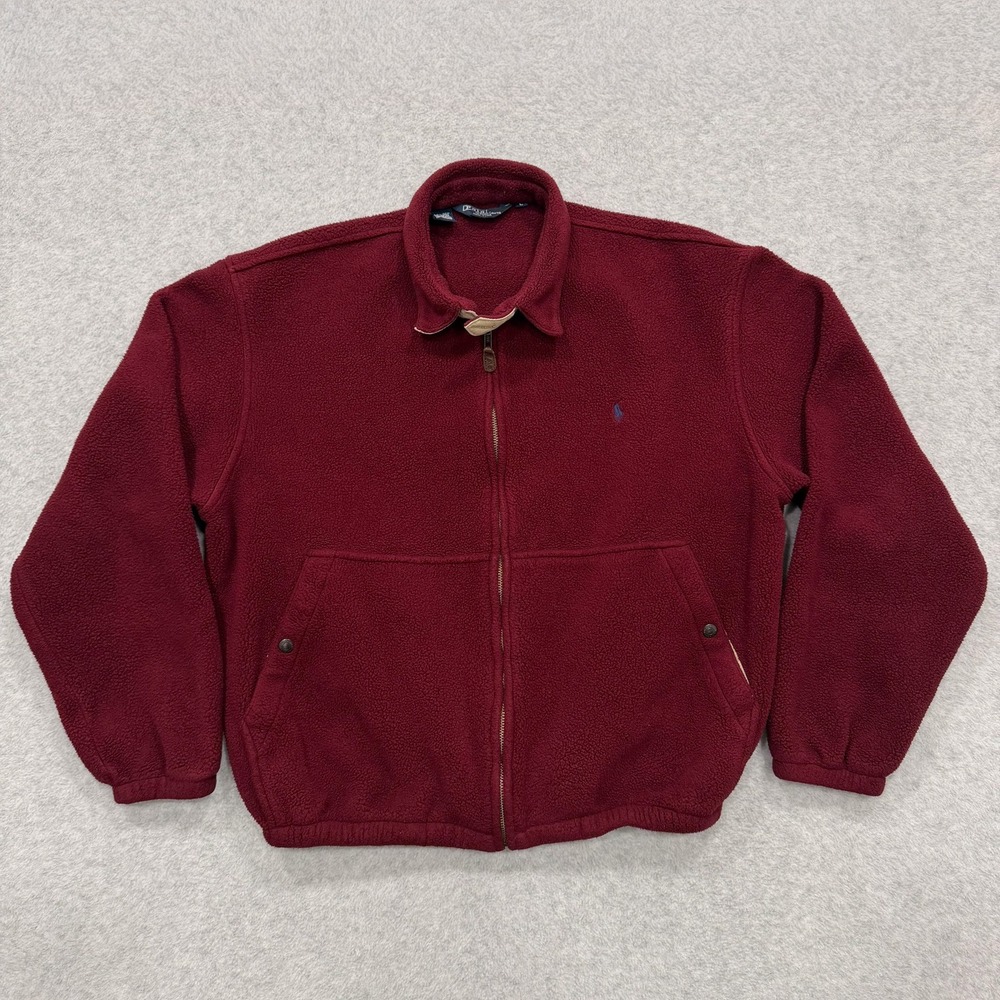 Vintage 90s Polo Ralph Lauren Jacket Mens L Burgundy Fleece Full Zip Made in USA